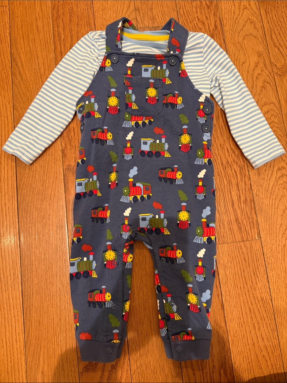 Baby Boden Navy Train Overalls with Blue & White Striped Tee